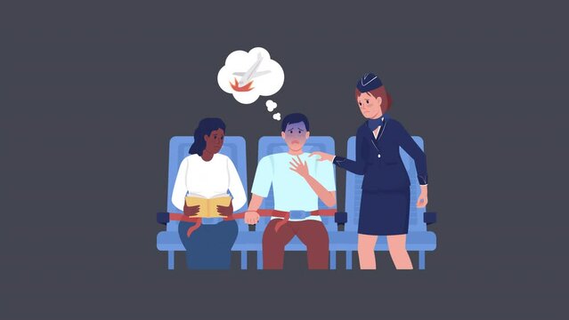 Animated Frightened Man Character. Panic Attack During Flight. Full Body Flat People On Grey Background With Alpha Channel Transparency. Colorful Cartoon Style HD Video Footage For Animation