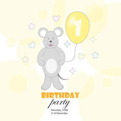 A postcard, an invitation to a birthday party with a mouse with a balloon in its paw with the number 1. Vector illustration