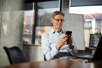 Businessman in office. Handsome man using the phone at work..