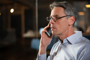 Businessman in office. Handsome man talking on phone at work..