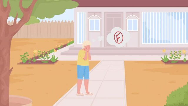 Animated atychiphobia illustration. Panic over bad grade. Child anxiety. Boy afraid to go home. Looped flat color 2D cartoon character animation with house on background. HD video with alpha channel