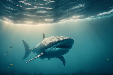 Obraz premium Great White Shark under the water in the blue ocean. Underwater illustration, shark illustration