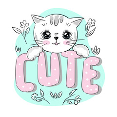 Cat kitten white face head with lettering inscription Cute 