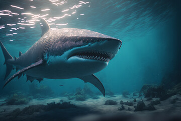 Great White Shark under the water in the blue ocean. Underwater illustration, shark illustration