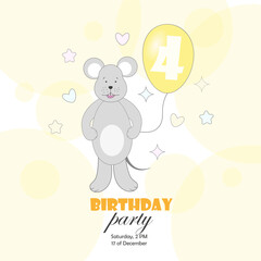 A postcard, an invitation to a birthday party with a mouse with a balloon in its paw with the number 4. Vector illustration