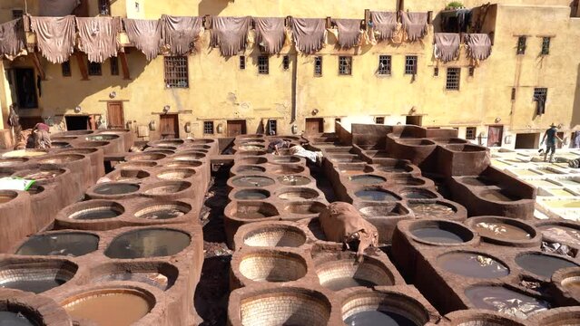 A wide view of the tannery in Fez, Morocco. The most famous tannery