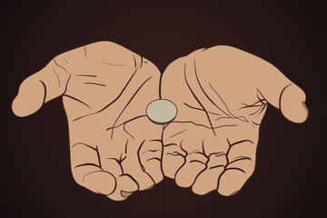 Two palms with a single currency coin on a dark background