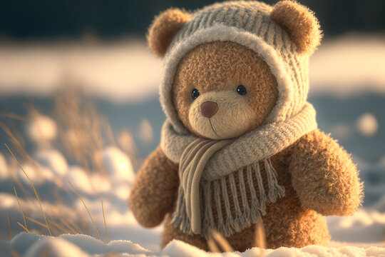 Small cute doll sitting on ice in the winter season