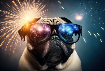 Obraz na płótnie Canvas New Years party pug wearing cool sunglasses at the beach with colorful celebration fireworks in the sky.
