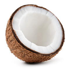 Coconut half isolated. Broken coconut on white background. Coco nut piece. Full depth of field.