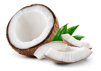 Coconut isolated. Coconut half with slice and piece on white background. Coco nut with leaf. Full depth of field.