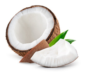 Coconut isolated. Coconut half with slice and piece on white background. Coco nut with leaf. Full...
