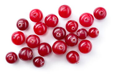 Cranberry isolated. Cranberries on white background. Cranberry berries top view. Full depth of field.