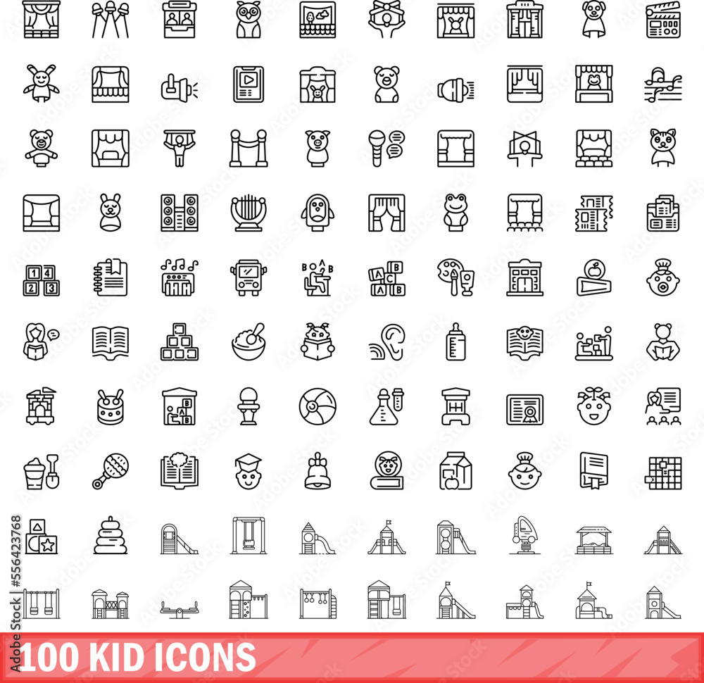 Wall mural 100 kid icons set. outline illustration of 100 kid icons vector set isolated on white background