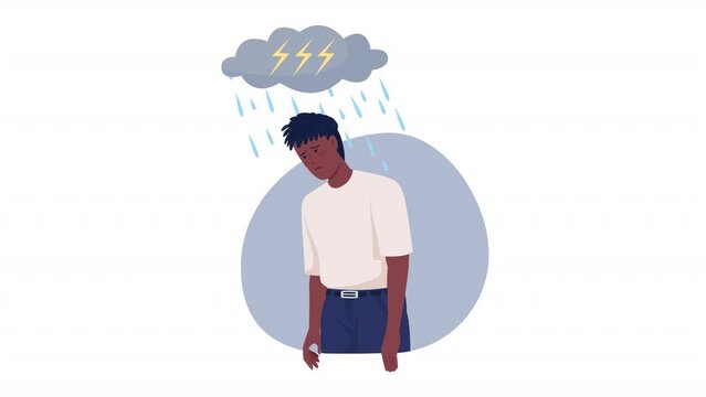 Animated profound sorrow. Looped 2D cartoon flat characters on white with alpha channel transparency for web design. HD video footage. Unhappy man. Feeling sad. Deep depression concept animation