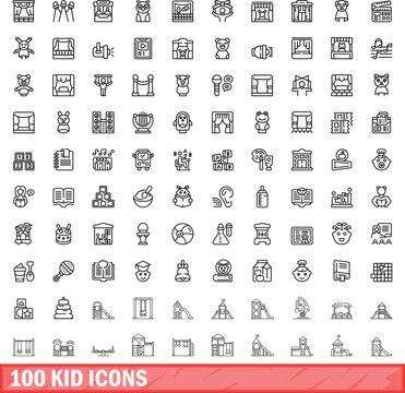 100 kid icons set. Outline illustration of 100 kid icons vector set isolated on white background