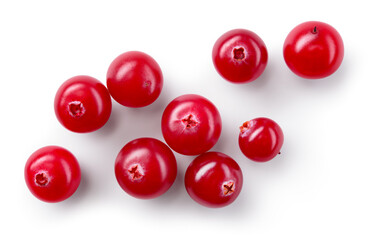 Cranberry isolated. Cranberries on white background. Cranberry berries top view with clipping path. Full depth of field.