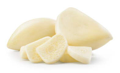 Garlic clove isolated. Peeled whole and chopped garlic cloves on white background. White garlic cloves with slices. Full depth of field. With clipping path.