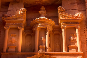 Petra, Jordan close-up view of the Treasury, Al Khazneh, one of the new Seven Wonders of the World
