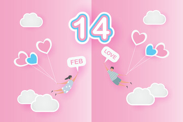 valentine lovely joyful on pink paper background concept. with text love 14 february, boy and girl fly with heart balloon, sky, vector. design for valentine card, gift, poster, paper cut, border, idea