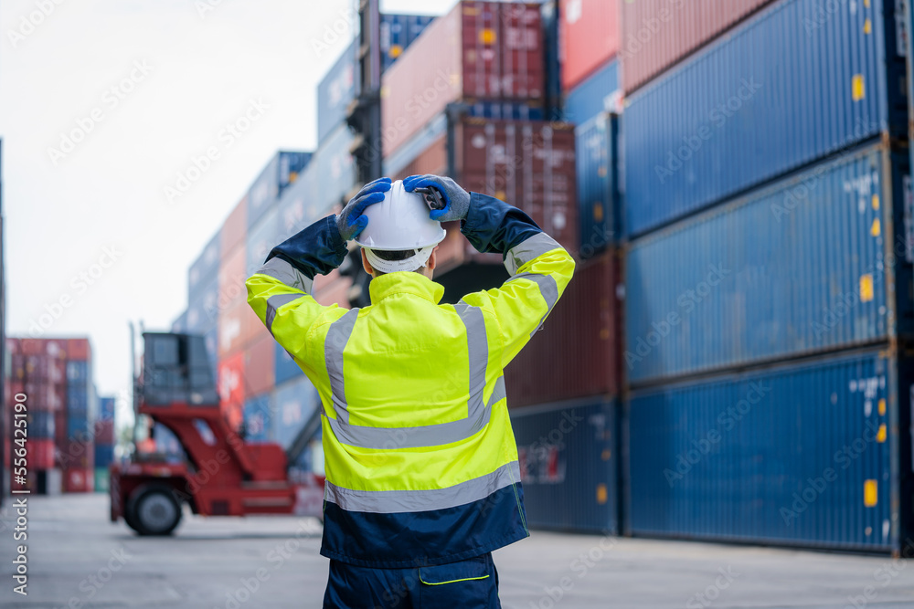 Poster Engineer container cargo checking stock into container for loading,logistic and business export.