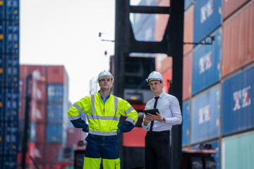 Manager and worker working checking stock into container for loading,Logistic and business export.