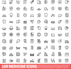 100 medicine icons set. Outline illustration of 100 medicine icons vector set isolated on white background