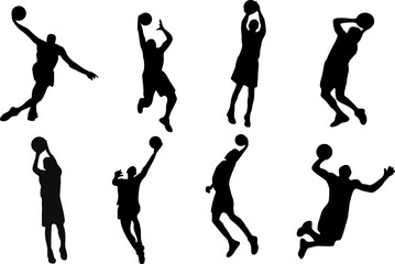 set of silhouettes of people play basketball