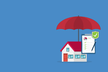 Home insurance service. House with umbrella, security shield and insurance agreement.