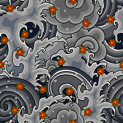 Naklejka premium Traditional Japanese Wave Tattoo Seamless Pattern
