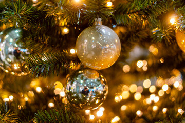Fototapeta premium zwei Christbaumkugeln in einem Tannenbaum mit funkelnde Beleuchtung 