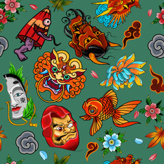 Traditional Japanese Tattoo Seamless Pattern