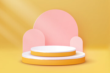 Luxury Yellow Podium. Abstract scene background. Product presentation, mock up, show cosmetic product, Blank Podium, stage pedestal or platform. 3D Vector.
