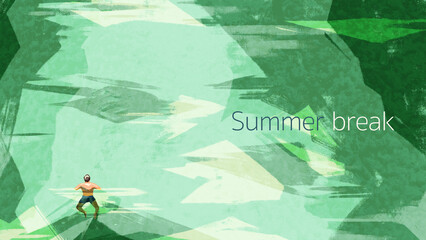 夏の休暇に川で泳ぐ人達の手描き水彩風イラスト
