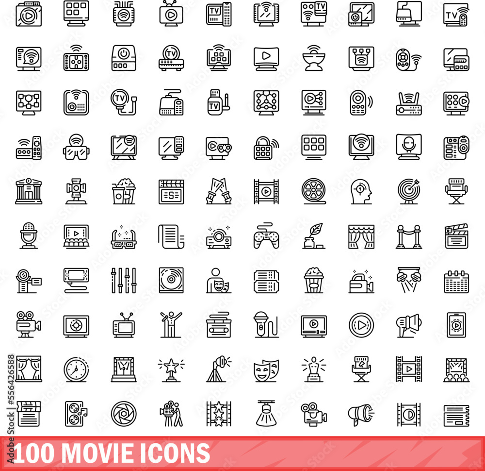 Wall mural 100 movie icons set. Outline illustration of 100 movie icons vector set isolated on white background - Wall murals