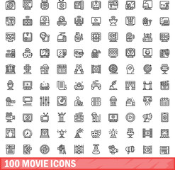 100 movie icons set. Outline illustration of 100 movie icons vector set isolated on white background