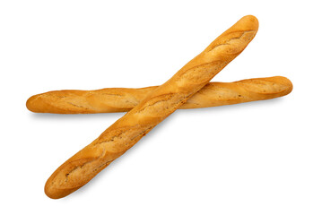 Baguette, two typical French bread loaves isolated on white, clipping path, copy space. UNESCO heritage