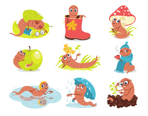 Cute soil worm characters. Cartoon mascot with different objects. Garden useful inhabitants. Biology and nature. Caterpillar activities. Earthworm with apple and book. Splendid vector set