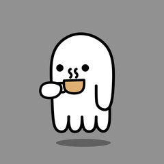 Cartoon ghost with hot coffee. Coffee ghost logo design 