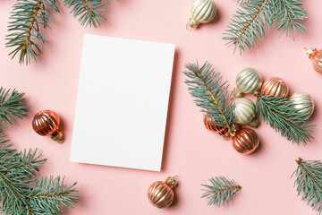 Blank christmas card mockup with festive decor, blank card with copy space