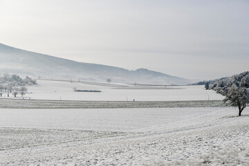 Metzerlen, Mariastein, Winterlandschaft, Winter, Dorf, Landwirtschaft, Felder, Wanderweg, Kloster, Klosterkirche, Metzerlen-Mariastein, Schnee, Eis, Nebel, Winterspaziergang, Schweiz