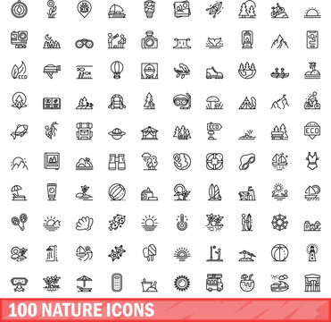100 nature icons set. Outline illustration of 100 nature icons vector set isolated on white background