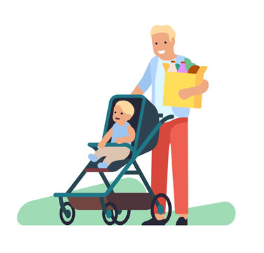 Father And Baby In Stroller With Package Of Groceries. Man Carrying Shopping Bag And Pushing Pram. Toddler In Buggy. Multitasking Dad Buying Food Products. Vector Fatherhood Concept