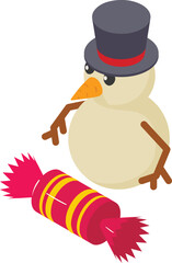 Christmas snowman icon isometric vector. Snowman in black hat and big candy icon. Christmas holiday, tradition