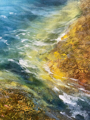 Blue, Green and grey Abstract Art Painting background. Hand drawn oil painting on canvas. Color texture. Fragment of artwork. Brushstrokes and spots of paint. Water, ocean.