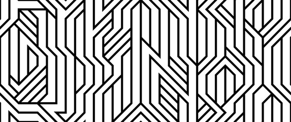 Tech style seamless linear pattern vector, monochrome circuit board lines endless background wallpaper image, black and white geometric design techno micro picture. - obrazy, fototapety, plakaty