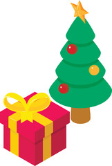 Holiday present icon isometric vector. Box with bow and decorated christmas tree. Christmas holiday, tradition