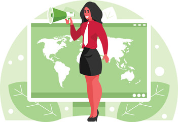 Businesswoman with megaphone. Confidence woman using megaphone speak out loud to be heard in public. World map on computer display. Vector graphics