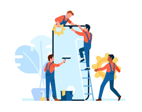 Phone repair service. Engineers fix smartphone. Maintenance professional employees. Broken electronics. Technicians work. Workers cleaning screen and change cogwheels. Vector concept