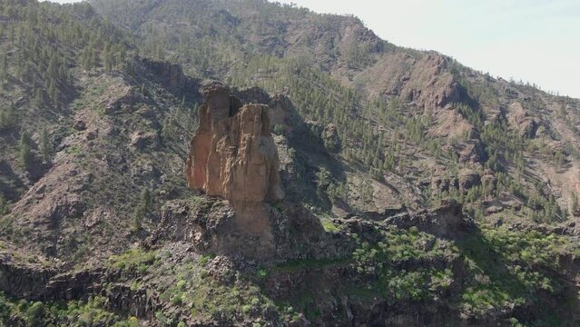 aerial circle shot of the famous roque Mulato on the island of Gran Canaria on a sunny day.